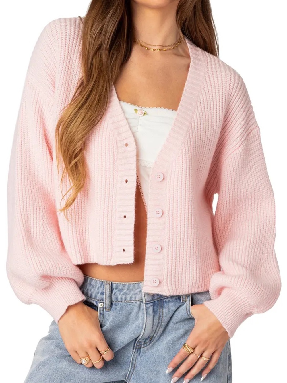 Edikted Pale Pink Cropped Button Rib-Knit Cardigan